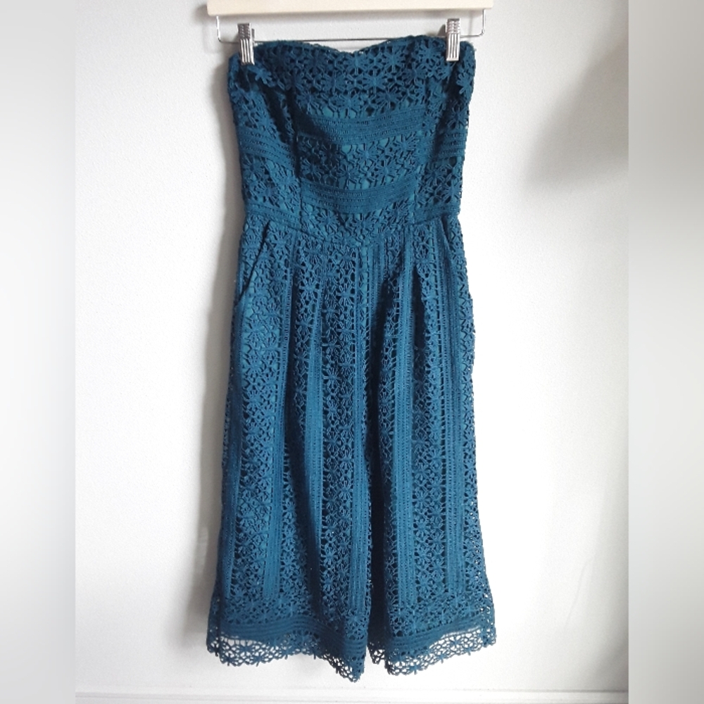 Anthro Greylin Teal Lace Jumpsuit Strapless Size XSP Women's Wide Leg Romper